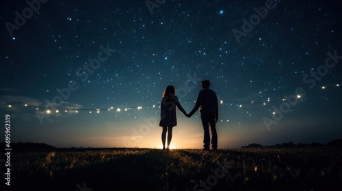 A couple holding hands and stargazing under a moonlit sky