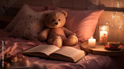 Cozy Evening Reading with Candles and Teddy Bears