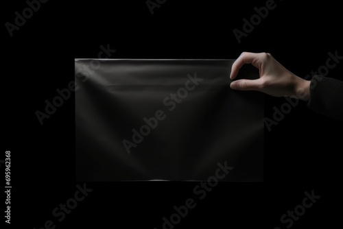 elegant and mysterious image showing a hand delicately holding the corner of a glossy, black, opaque bag on an all consuming black background
