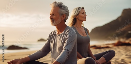 Senior couple doing yoga on the beach at sunset. 
