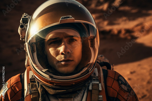 Astronaut wearing space suit walking on a surface of a red planet mars generative AI picture © Tetiana