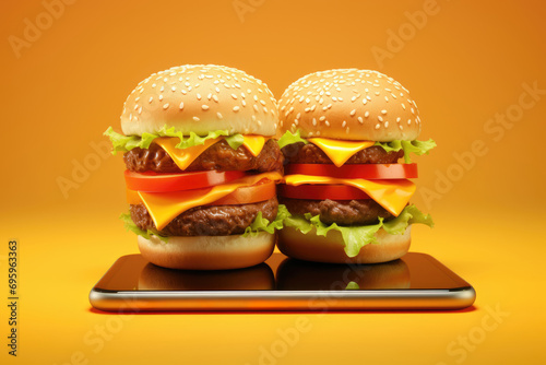 two delectable burgers resting atop a sleek smartphone  symbolizing the seamless integration of fast food ordering through mobile apps