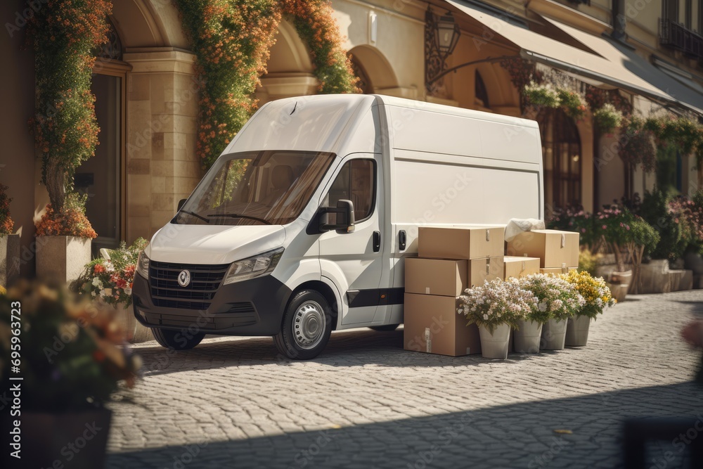 white delivery van is parked in a charming cobblestone street, with packages ready for delivery