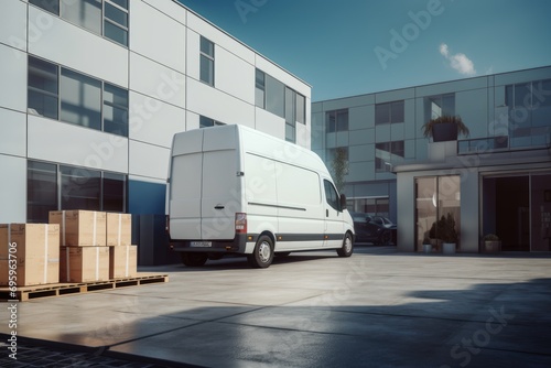 white delivery van is parked outside a modern building, ready to transport packages that are neatly arranged on pallets nearby © gankevstock