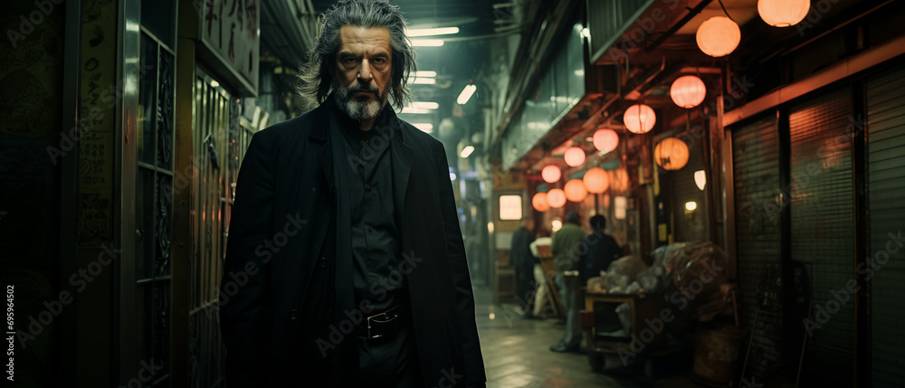 Obraz premium Man standing in the Kowloon Walled City of an alternate dimension (Generative AI) 