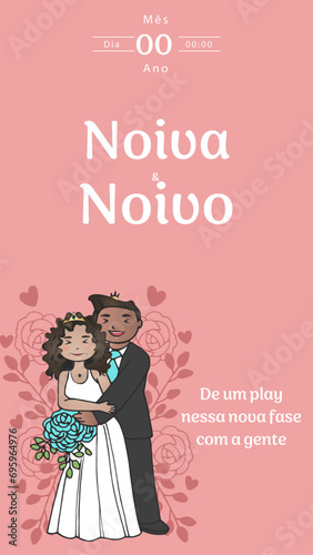 Convite Casamento Illustração Noivos Rose Cacheada Afro 