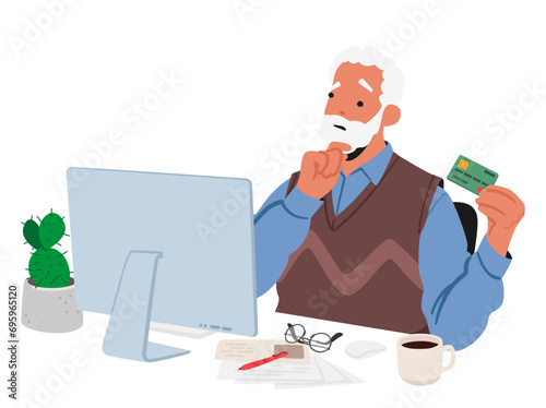 Elderly Man Stares At A Computer Screen, Bewildered By Online Payment Options. His Wrinkled Face Reflects Confusion