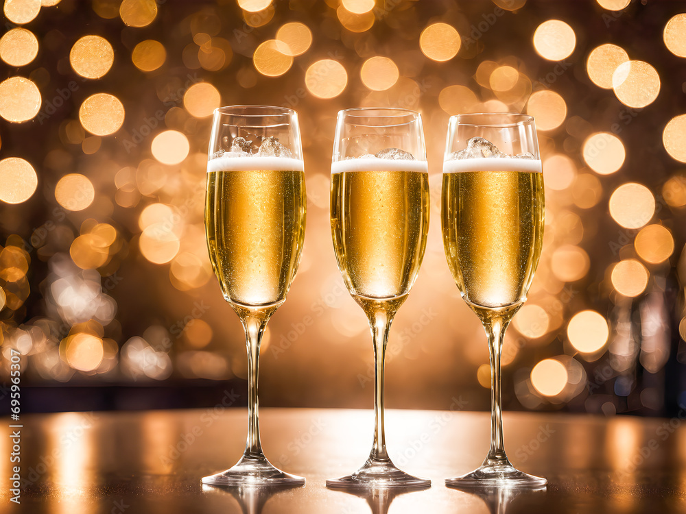 two champagne glasses on bokeh background, celebration and New Year concept two champagne glasses on bokeh background, celebration and New Year concept