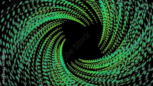 Green gradient dotted square spiral vortex circle. 3d squarish dots swirl pattern dots design. Squares particle tornado photo