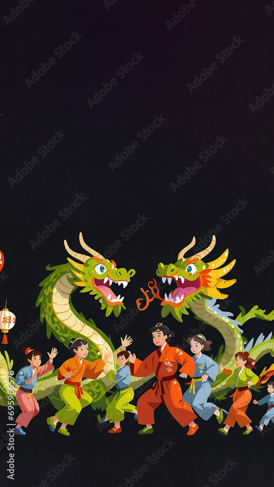Chinese Dragon Dances in the streets and people watch the performance,  tradition of New Year celebrations Decoration.
