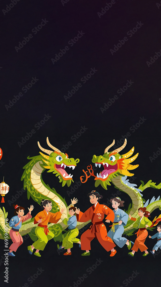 Fototapeta premium Chinese Dragon Dances in the streets and people watch the performance, tradition of New Year celebrations Decoration.