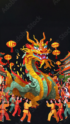 Chinese Dragon Dances in the streets and people watch the performance, tradition of New Year celebrations Decoration.