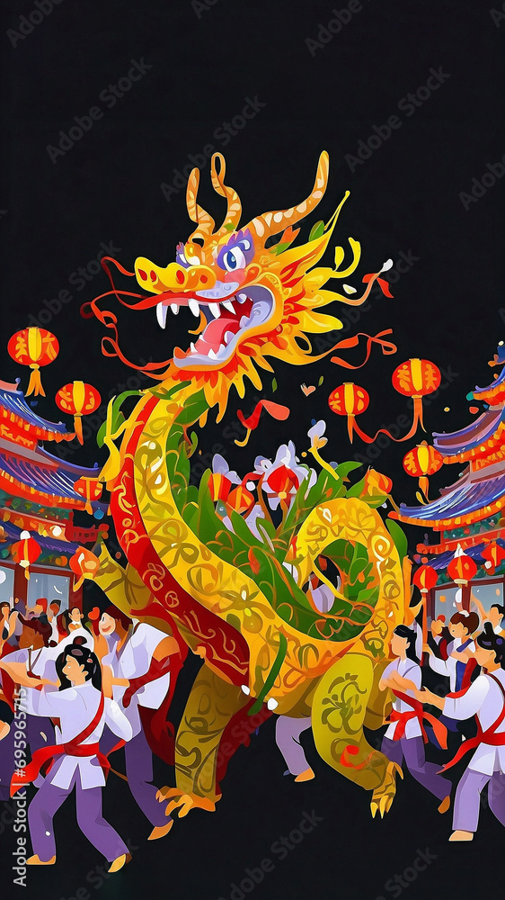 Chinese Dragon Dances in the streets and people watch the performance, tradition of New Year celebrations Decoration. Chinese Dragon Dances in the streets and people watch the performance, tradition of New Year celebrations Decoration.
