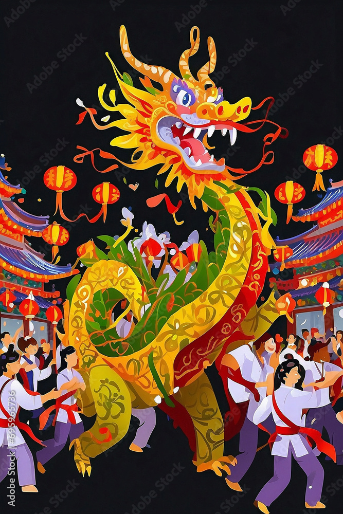 Chinese Dragon Dances in the streets and people watch the performance,  tradition of New Year celebrations Decoration.