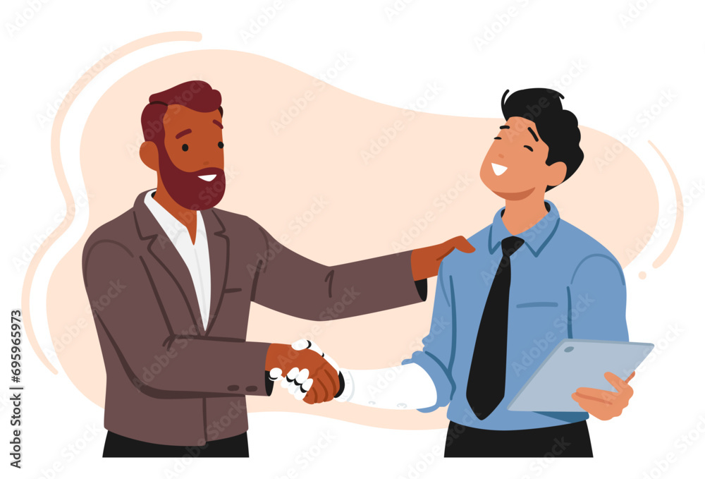 Disabled Male Character With A Hand Prosthesis Confidently Extends His Arm For A Handshake, Vector Illustration Disabled Male Character With A Hand Prosthesis Confidently Extends His Arm For A Handshake, Vector Illustration
