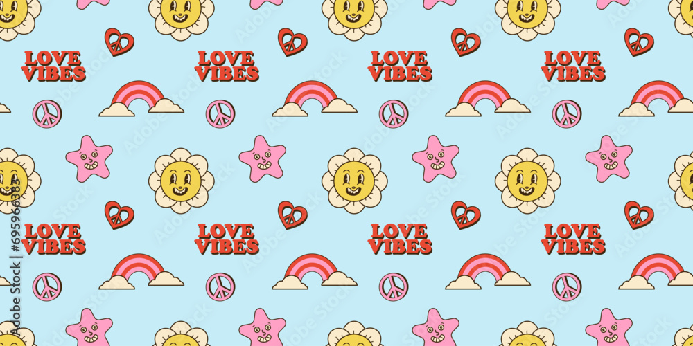 Groovy valentine day seamless pattern. Decor textile, wrapping paper, wallpaper design. Funny print. Daisy and heart with faces. Comic retro 70s and 80s characters. Cartoon vector illustration