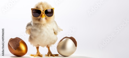 Funny easter concept holiday animal greeting card - Cool cute little easter chick baby with sunglasses and broken eggshells, easter eggs, isolated on white table background photo