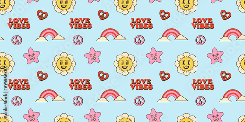 Groovy valentine day seamless pattern. Decor textile, wrapping paper, wallpaper design. Funny print. Daisy and heart with faces. Comic retro 70s and 80s characters. Cartoon vector illustration