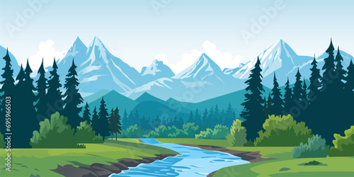 Beautiful summer or spring landscape of a river against a background of forest and mountains. Amazing forest, high mountains, bushes, river bed, green grass and stunning clouds.
