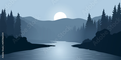 Beautiful foggy landscape. A stunning panoramic landscape of a river, mountains and forest silhouettes in the fog against the backdrop of the moon. Vector illustration for design poster, banner.