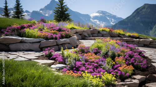 Alpine Flowerbed Garden with Stone Path and Mountain Vista