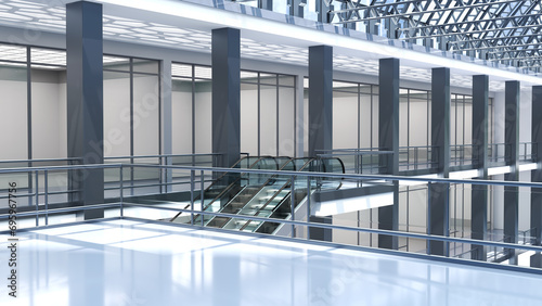 Hall of shopping mall, glass store facades, transparent glass ceiling, escalators and columns. 3d illustration photo