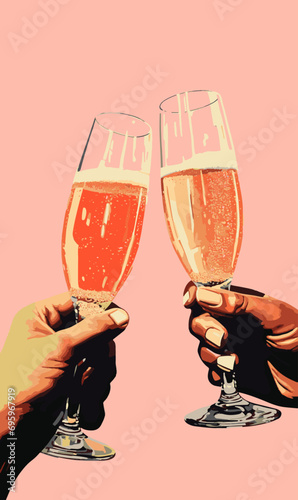 Hands toasting with glasses of champagne. Abstract Celebration or party graphic