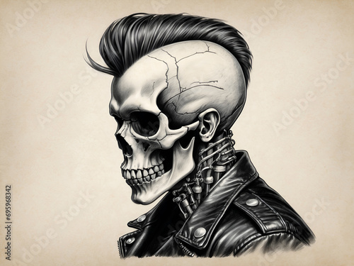 mutant rock biker skull with biomechanical engine neck and black leather motorcycle jacket