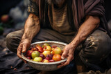 The poor man is holding a plate of food