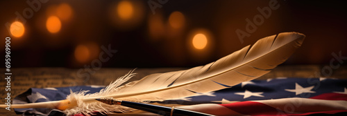 A quill pen resting on the Declaration of Independence symbolizing the birth of the nation background with empty space for text 