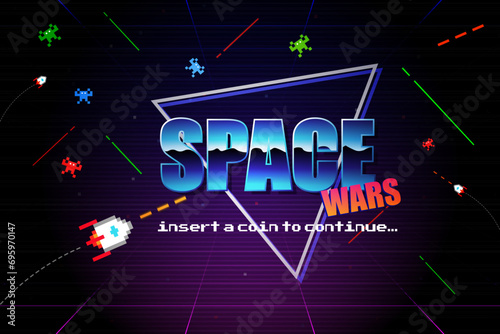 SPACE WAR INSERT A COIN TO CONTINUE .pixel art .8 bit game.retro game.Retro Futurism Sci-Fi Background