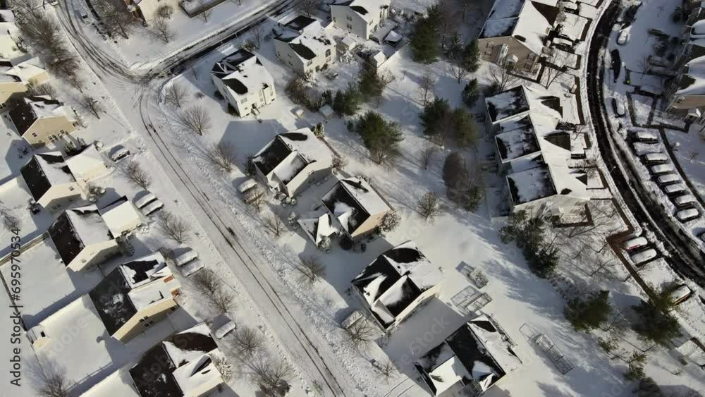 Tranquil winter American small town panorama with snow houses in New Jersey USA Tranquil winter American small town panorama with snow houses in New Jersey USA