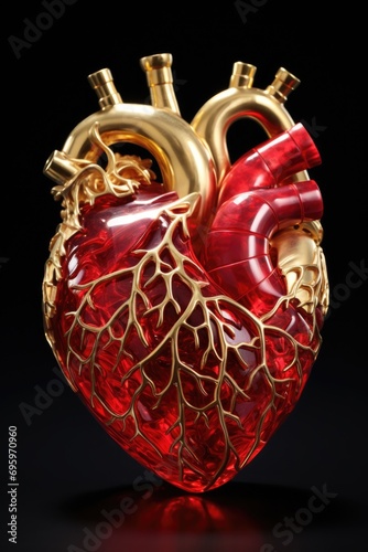 Gemstone red ruby heart with golden veins on black background