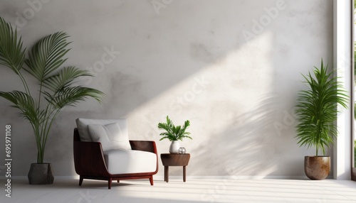 Modern minimalist interior with comfortable armchair on empty white concrete wall background