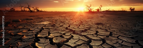 Metaphorical representation of drought and climate change dead trees on cracked earth photo