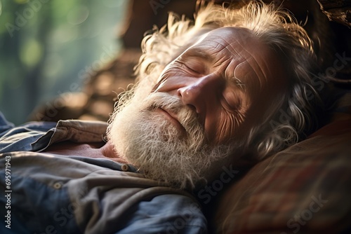 elderly bearded man sleeping on a bed, close-up. The problem of sleep in the elderly. Sleep Quality photo