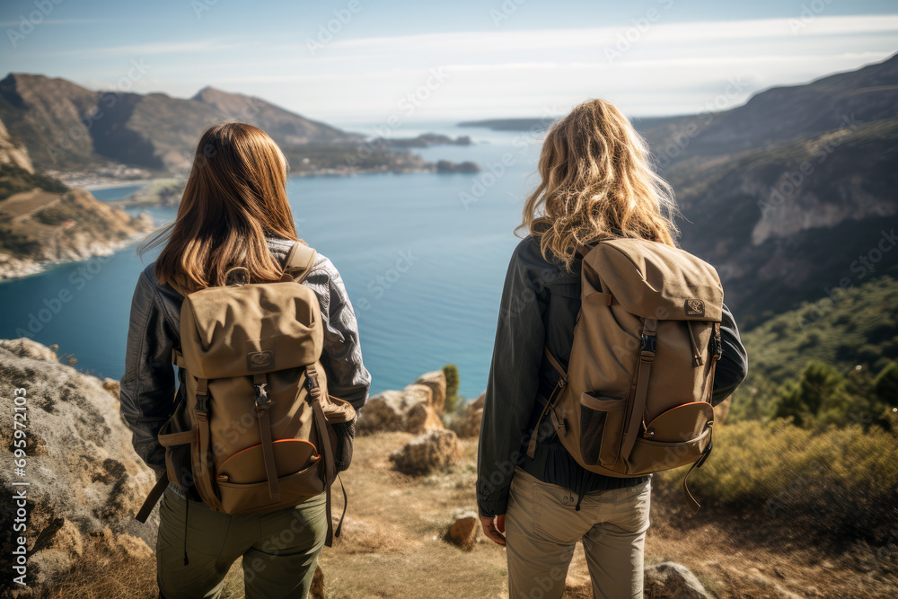 Two Femlae Friends Trekking Along the Coastal Trail Two Femlae Friends Trekking Along the Coastal Trail