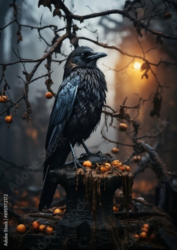 Majestic Raven Perched Atop a Gothic Tombstone. Generative ai