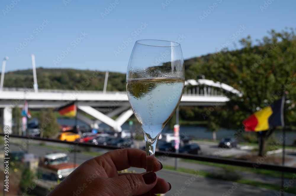 Obraz premium WIne tasting. Production of cremant sparkling wine in south part of Luxembourg country on bank of Moezel, also known as Mosel, Moselle or Musel river.