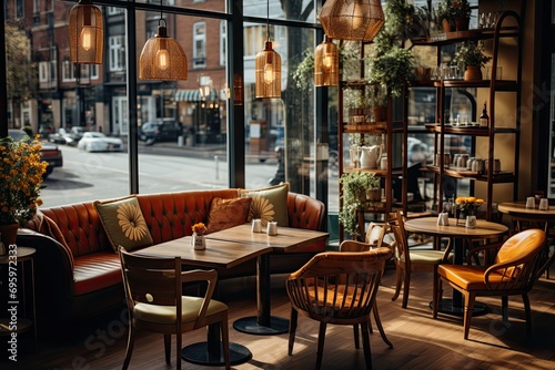cozy modern cafe with a wooden interior, large windows and an atmosphere to show the best coffee establishments in the city, generative AI © Анатолий Савицкий