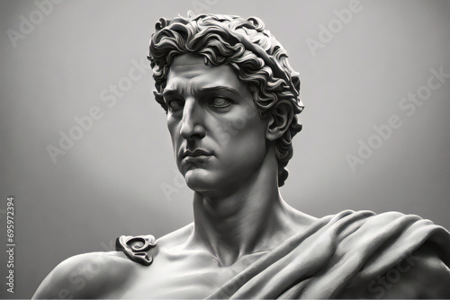 Portrait of a plaster statue of Apollo isolated on black. Gypsum statue of Apollo's bust. Greek god statue. Male statue of a Roman deity, muscular Apollo in Olympus.