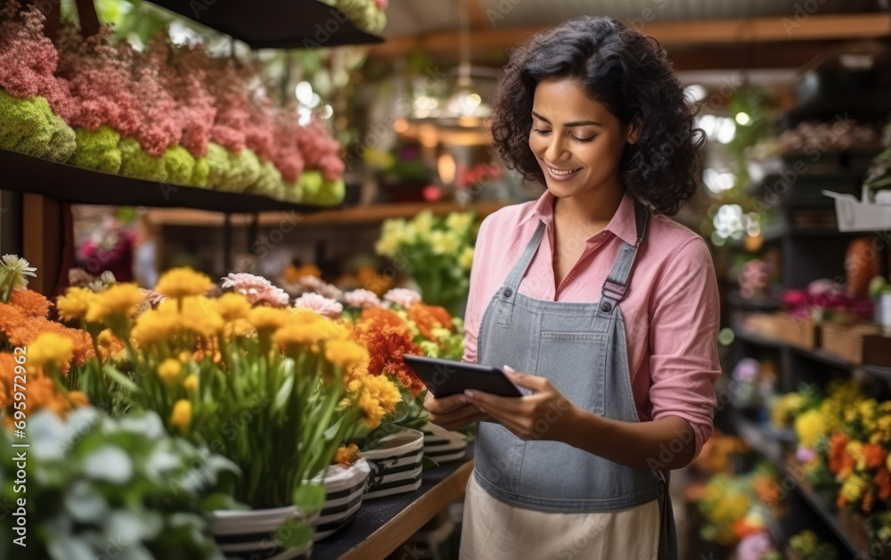 young indian business owner woman using tablet at flower shop