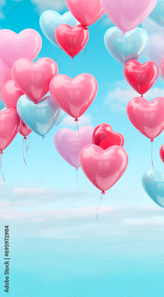 Red, pink and turquoise heart-shaped balloons flying in the blue sky, Valentine's day wallpaper with copy space.