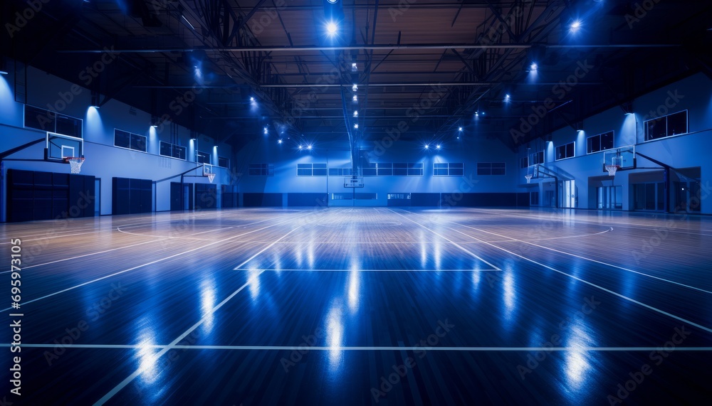 Deserted basketball court in a dark arena, illuminated by powerful lights, awaits action.