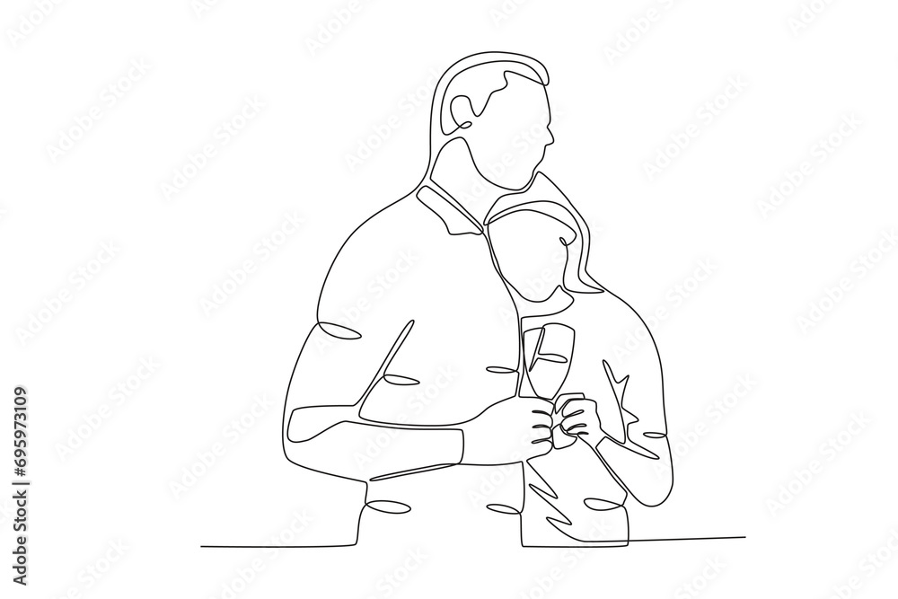 Lovers hugging at dinner. Candle light dinner one-line drawing