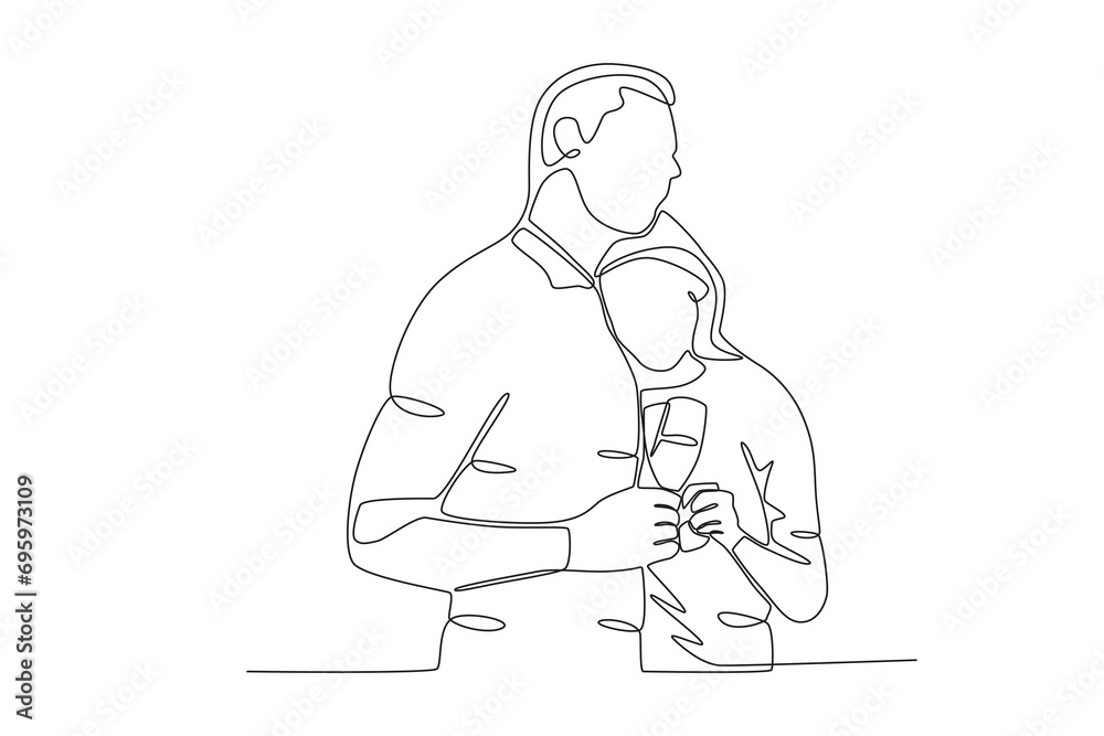 Lovers hugging at dinner. Candle light dinner one-line drawing Lovers hugging at dinner. Candle light dinner one-line drawing