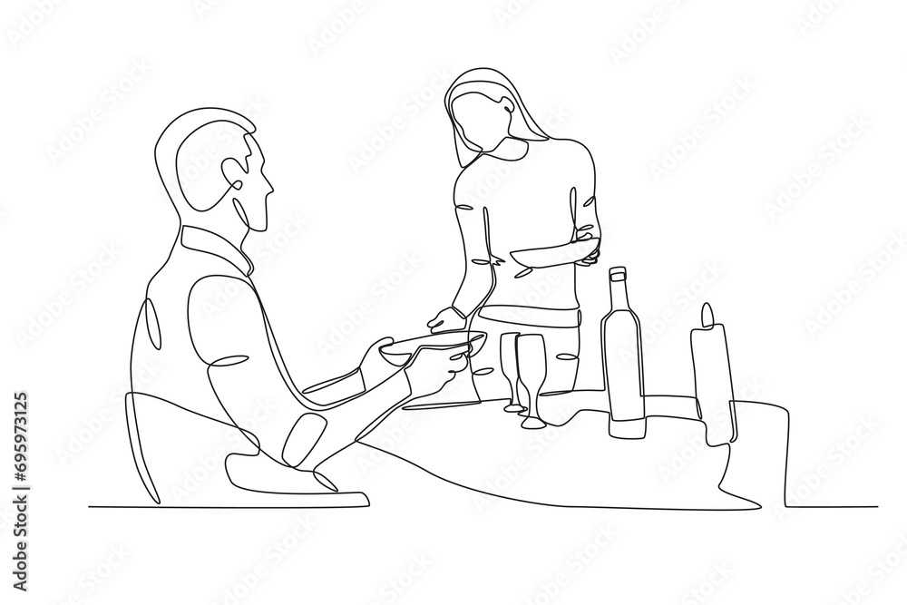 A woman serves dinner to her lover. Candle light dinner one-line drawing