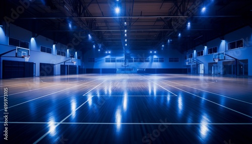 Deserted basketball court in a dark arena, illuminated by powerful lights, awaits action.
