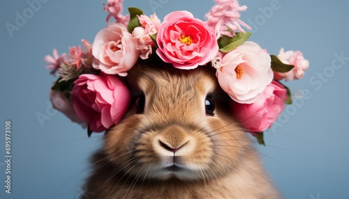 Adorable bunny surrounded by flowers on solid backgroundStudio shot with space for text. © Ilja