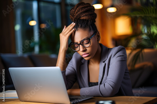 Woman with Headache in the Midst of Laptop Use